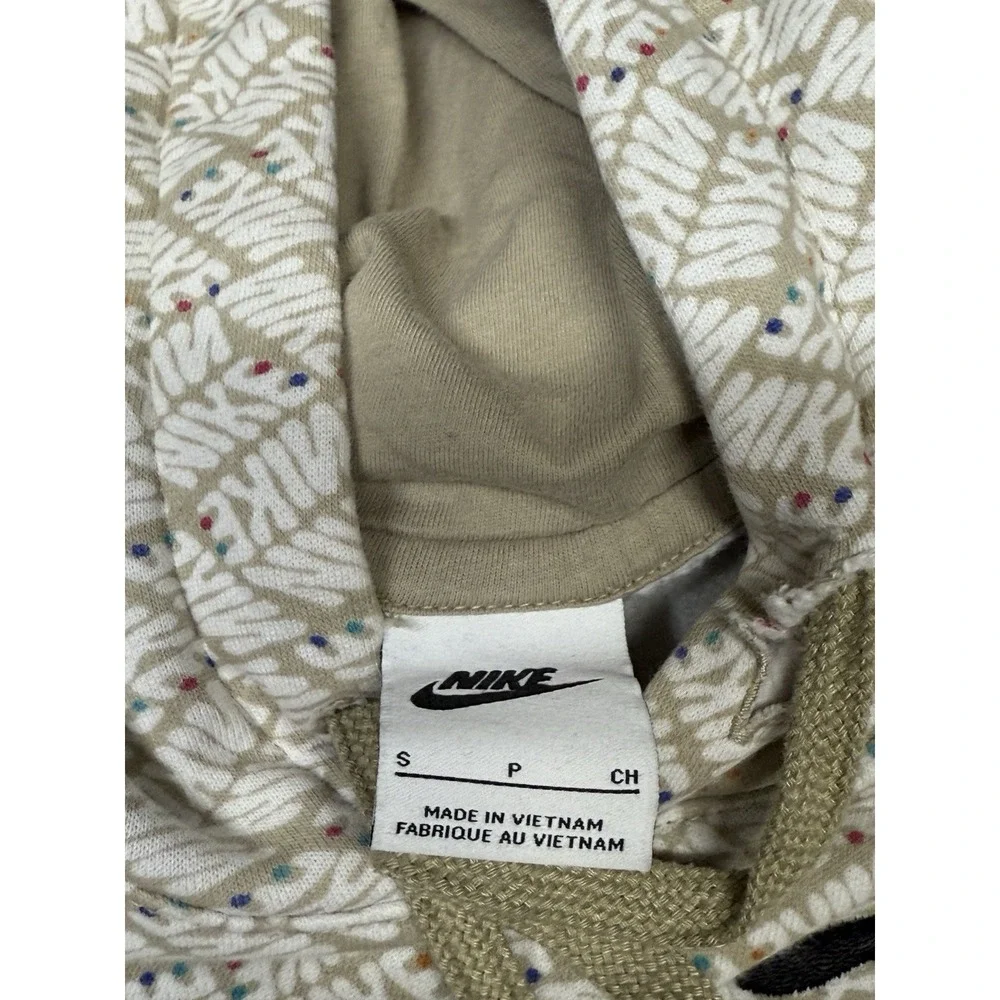 Nike Essentials AOP Fleece Hoodie Mens Small Beige All Over Print Cotton‎ Swoosh